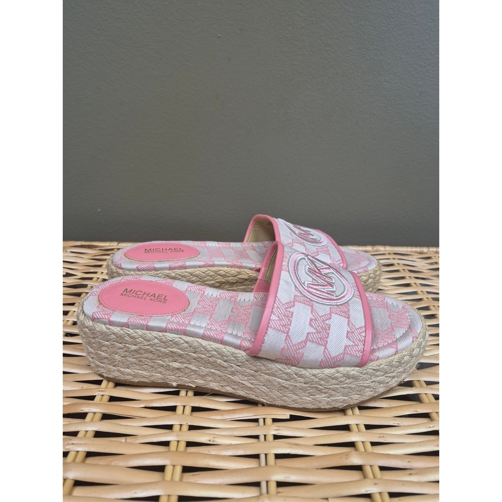 Michael Kors Size 6.5 Womens Pink MK Logo Espadrille Platform Slide Sandals Shoe